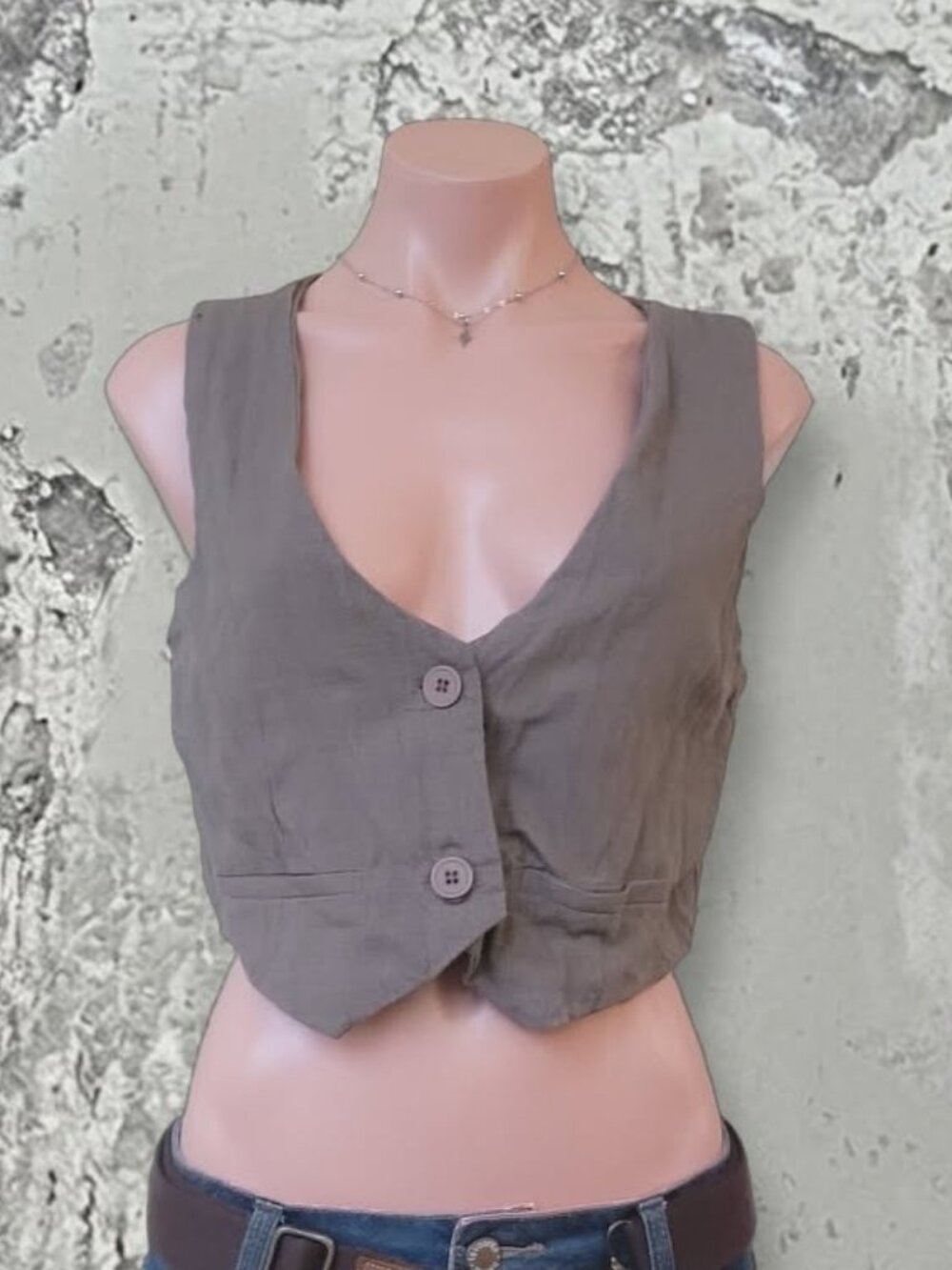 Street Society Linen Blend Beige Cropped Tailored Vest Top (M)